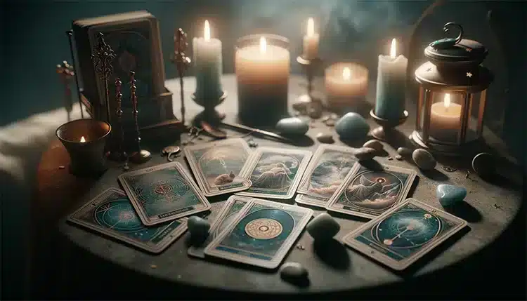 Cartas de Tarot, piedras y velas