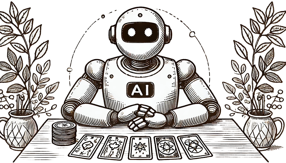 Ilustración de un robot con el texto "AI" en su pecho, sentado frente a una mesa con cartas de tarot extendidas. El robot está en una posición de concentración, con las manos juntas, rodeado de plantas en macetas a ambos lados. La imagen combina elementos tradicionales de la lectura de tarot con la modernidad de la inteligencia artificial.