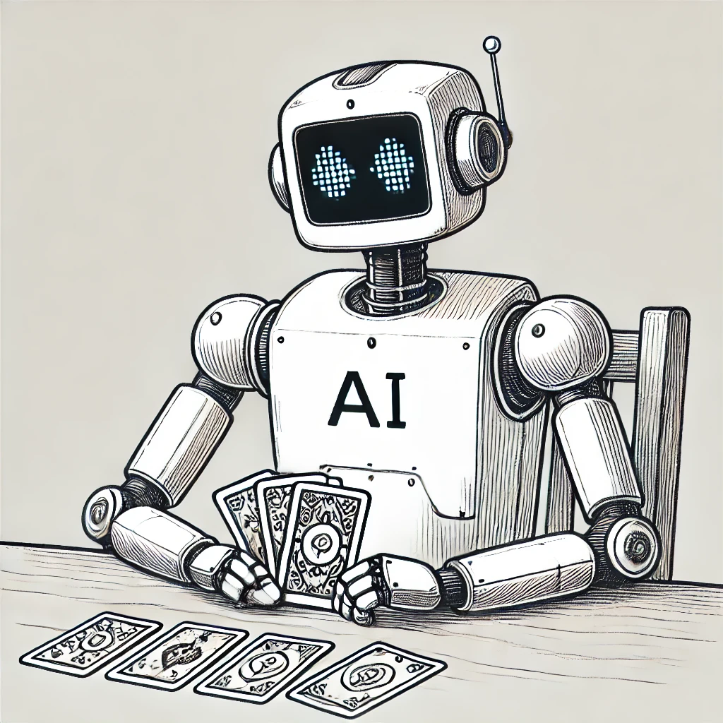 Ilustración de un robot con el texto "AI" en el pecho, sosteniendo cartas de tarot mientras realiza una lectura. El robot tiene una expresión amigable en su pantalla facial y está sentado en una mesa con cartas de tarot extendidas frente a él. La imagen combina la temática del tarot con la inteligencia artificial, presentando un enfoque moderno y tecnológico de la lectura de cartas.